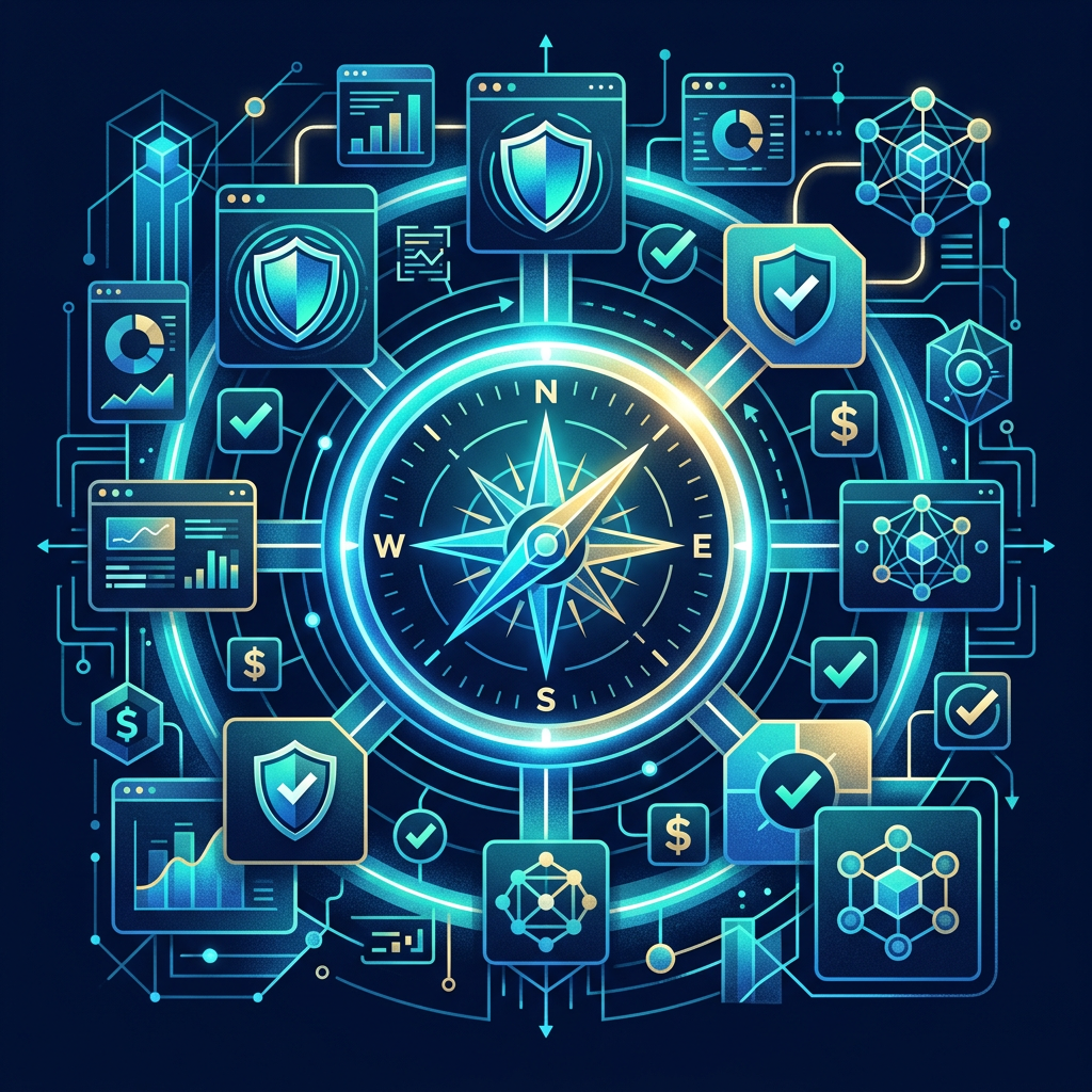 Digital compass surrounded by cybersecurity shields, analytics charts, checkmarks, and network icons