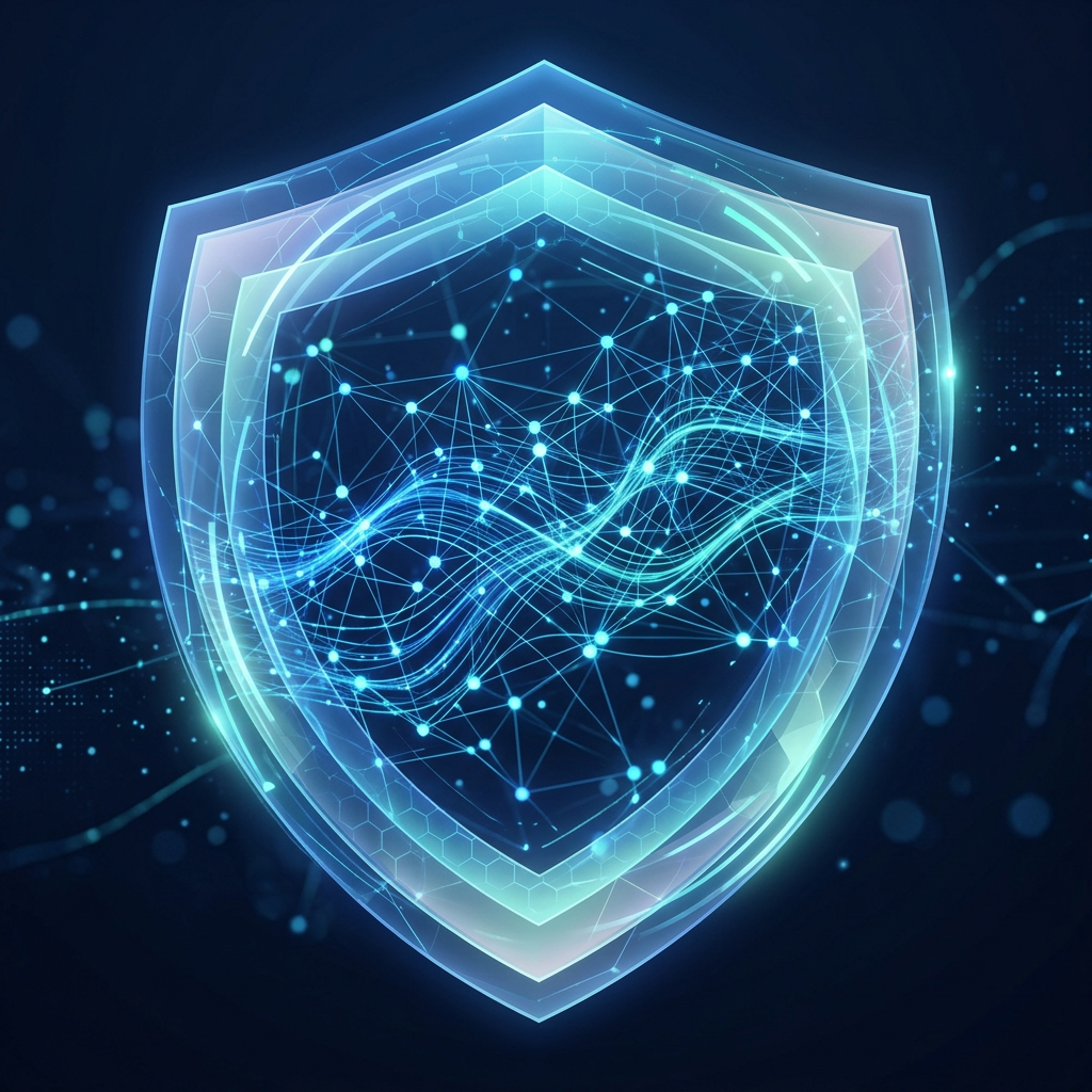 Glowing shield surrounding interconnected nodes and flowing digital network lines