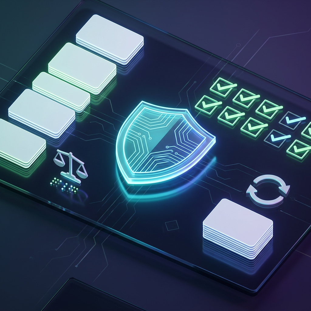 Glowing digital shield surrounded by data stacks, checkmarks, scales, and refresh icon