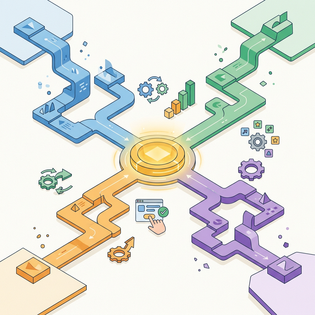 Colorful workflow paths converging at a central platform with gears and charts