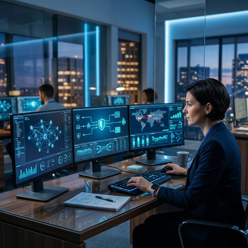 Cybersecurity professional monitoring network security dashboards across three computer screens